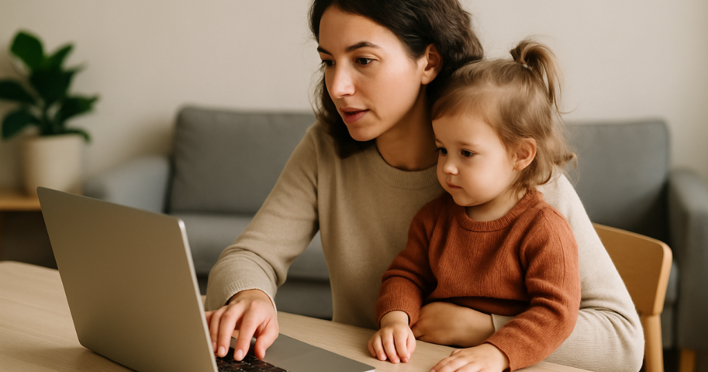 Mãe com filha no colo acessando o computador para entender a conversão de semanas em meses de gestação, em um ambiente doméstico aconchegante